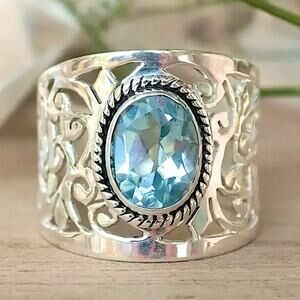 Sterling Silver Blue Topaz Ring Wedding Engagement Ring Wide Band Hallow Out